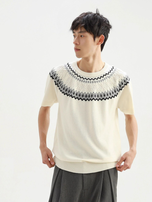 Мъжка трикотажна тениска с Fair Isle модел, кръгла яка и Raglan ръкави, летна дишаща и удобна