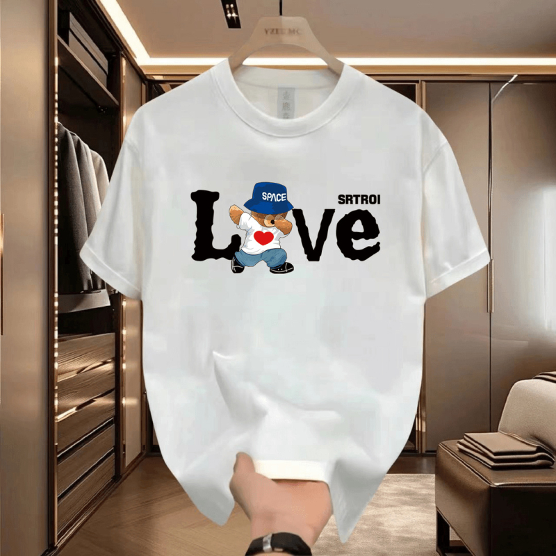 Muški ljetni T‑shirt od guste pamuka, kratki rukavi, ležeran kroj, okrugli izrez, geometrijski print, Hongkong stil streetwear