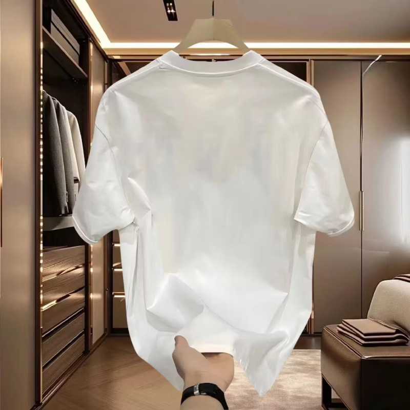 Muški ljetni T‑shirt od guste pamuka, kratki rukavi, ležeran kroj, okrugli izrez, geometrijski print, Hongkong stil streetwear