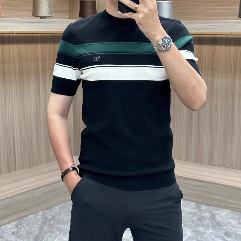 Muški T-shirt s okruglim izrezom, blok boja i pruge, svestran casual stil, slim fit, kratki rukavi, flis unutrašnjost, poliester smjesa, ljeto 2024