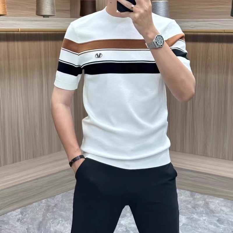 Muški T-shirt s okruglim izrezom, blok boja i pruge, svestran casual stil, slim fit, kratki rukavi, flis unutrašnjost, poliester smjesa, ljeto 2024