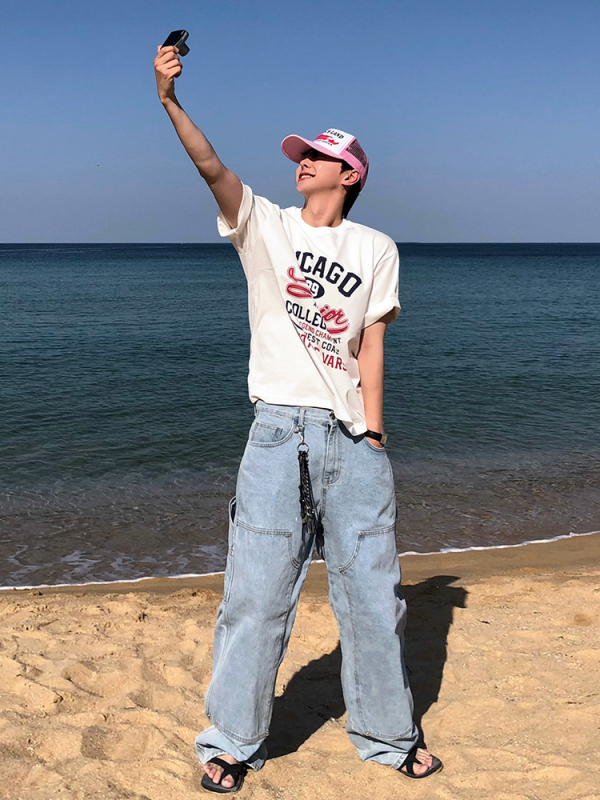 Muški T-shirt BJ s tiskom slova, kratki rukav, ljeto, široki kroj, okrugli izrez, korejski stil