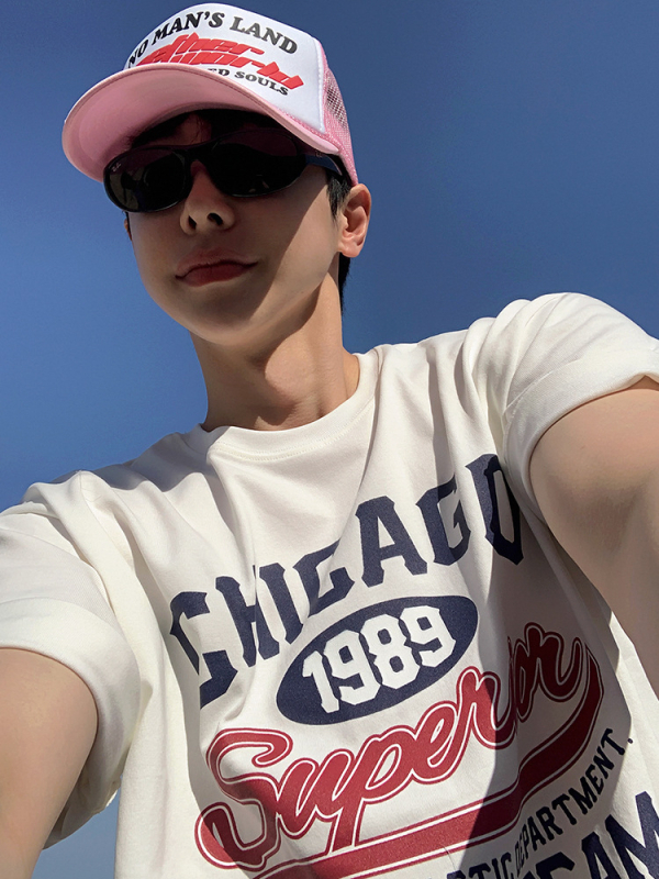 Muški T-shirt BJ s tiskom slova, kratki rukav, ljeto, široki kroj, okrugli izrez, korejski stil