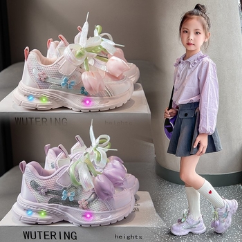 Dječje svijetleće tenisice s mrežastim gornjim dijelom, prozračnim, mekanom potplatom, za trčanje, s cvjetnim uzorkom, u stilu chunky dad sneakers, jesen 2025