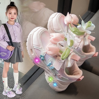 Dječje svijetleće tenisice s mrežastim gornjim dijelom, prozračnim, mekanom potplatom, za trčanje, s cvjetnim uzorkom, u stilu chunky dad sneakers, jesen 2025