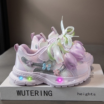 Dječje svijetleće tenisice s mrežastim gornjim dijelom, prozračnim, mekanom potplatom, za trčanje, s cvjetnim uzorkom, u stilu chunky dad sneakers, jesen 2025