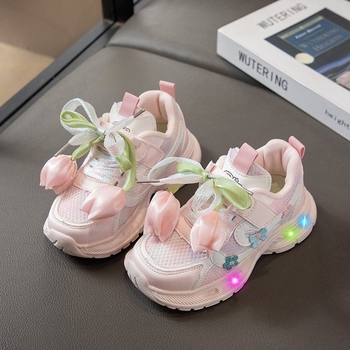 Dječje svijetleće tenisice s mrežastim gornjim dijelom, prozračnim, mekanom potplatom, za trčanje, s cvjetnim uzorkom, u stilu chunky dad sneakers, jesen 2025
