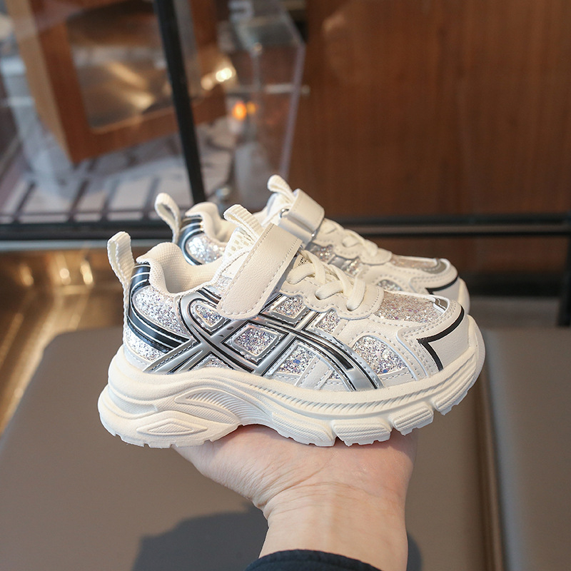 Ružičaste tenisice s šljokicama u stilu dad sneakers za djecu, proljeće 2026, lagane svakodnevne trkačke tenisice.