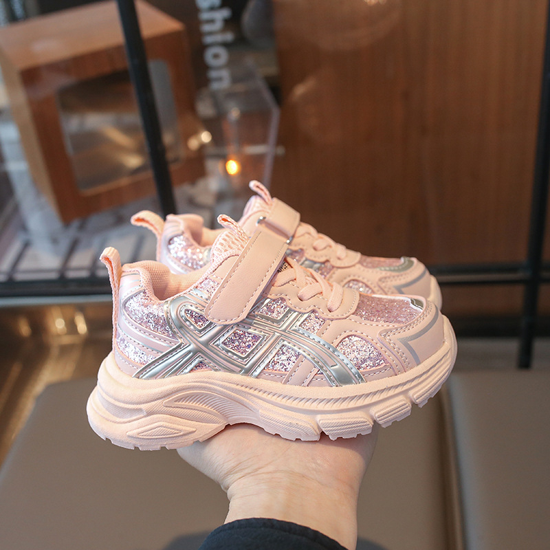 Ružičaste tenisice s šljokicama u stilu dad sneakers za djecu, proljeće 2026, lagane svakodnevne trkačke tenisice.