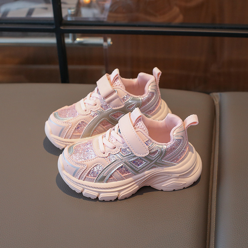 Ružičaste tenisice s šljokicama u stilu dad sneakers za djecu, proljeće 2026, lagane svakodnevne trkačke tenisice.