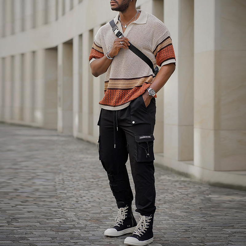 Мъжки къс ръкав трикотажен топ със стояща яка, Slim Fit, летен стил