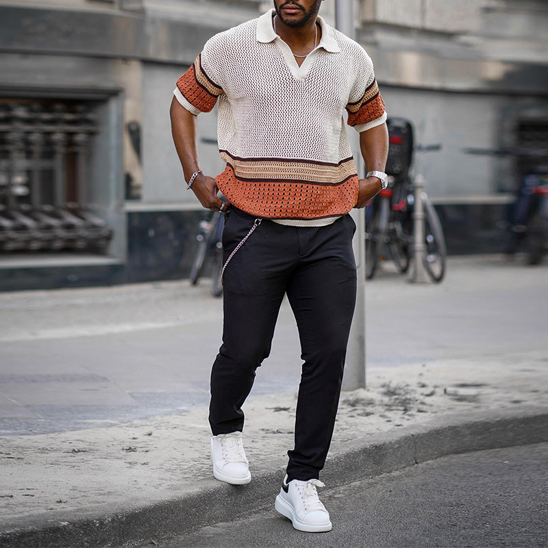 Мъжки къс ръкав трикотажен топ със стояща яка, Slim Fit, летен стил