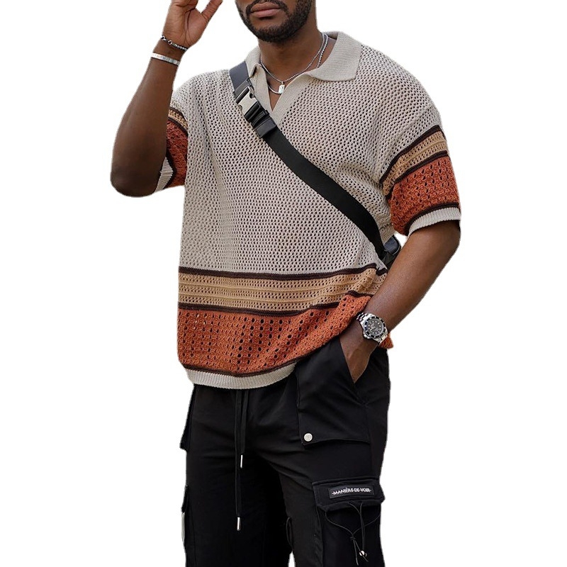Мъжки къс ръкав трикотажен топ със стояща яка, Slim Fit, летен стил