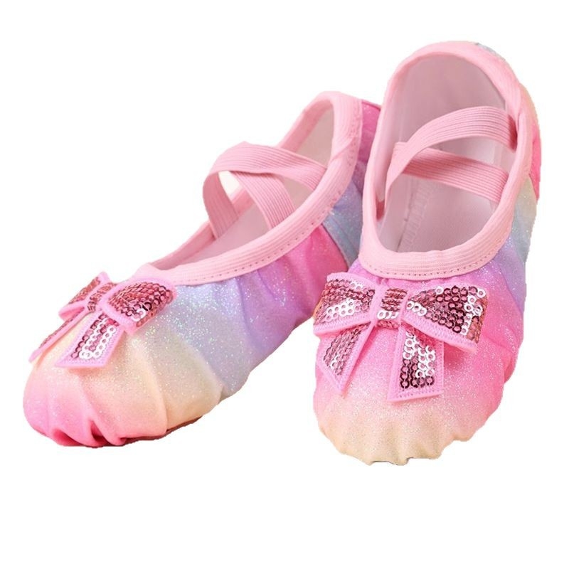 Детски балетни обувки със пайети и дъга, сатенени обувки за момичета, принцес стил, мека подметка
