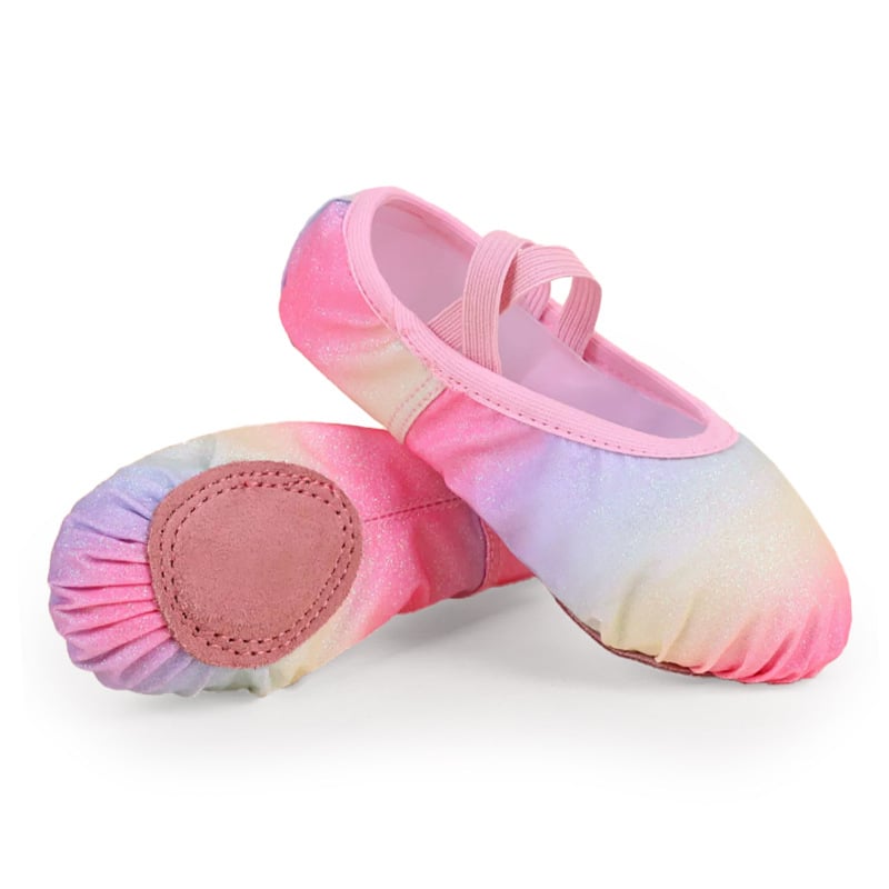 Детски балетни обувки със пайети и дъга, сатенени обувки за момичета, принцес стил, мека подметка