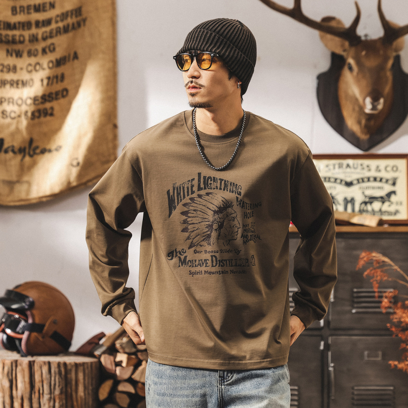 Američki retro muški T-shirt s dugim rukavima, proljeće–jesen 2025 novi model, Indiana pleme, širok kroj, pamuk