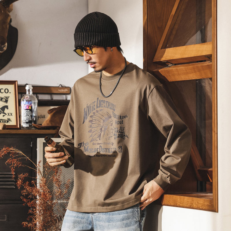 Američki retro muški T-shirt s dugim rukavima, proljeće–jesen 2025 novi model, Indiana pleme, širok kroj, pamuk