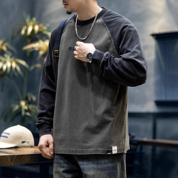 260 g памучна мъжка тениска с дълги ръкави, свободна кройка, американски стил, винтидж пране, раглан ръкав