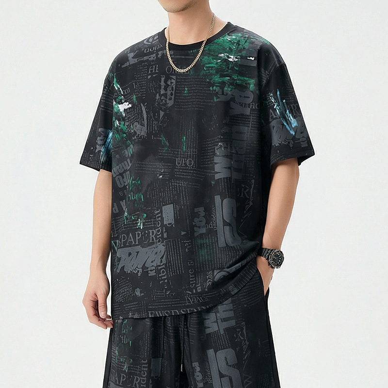Мъжка oversize къс ръкав тениска от ice-silk, кръгло деколте, камуфлажен геометричен принт, дишаща и бързосъхнеща
