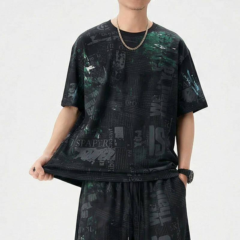 Мъжка oversize къс ръкав тениска от ice-silk, кръгло деколте, камуфлажен геометричен принт, дишаща и бързосъхнеща