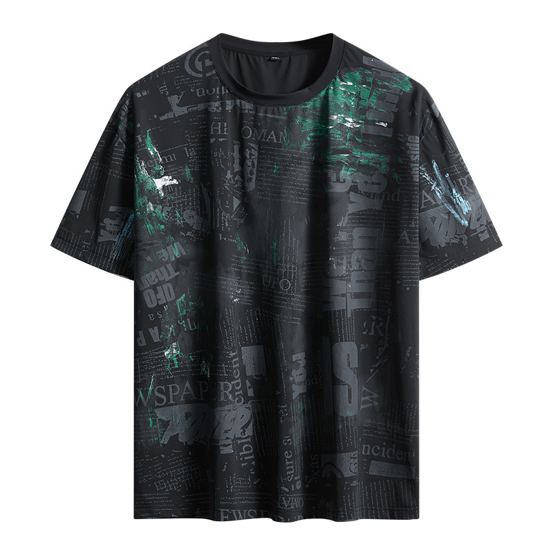 Мъжка oversize къс ръкав тениска от ice-silk, кръгло деколте, камуфлажен геометричен принт, дишаща и бързосъхнеща