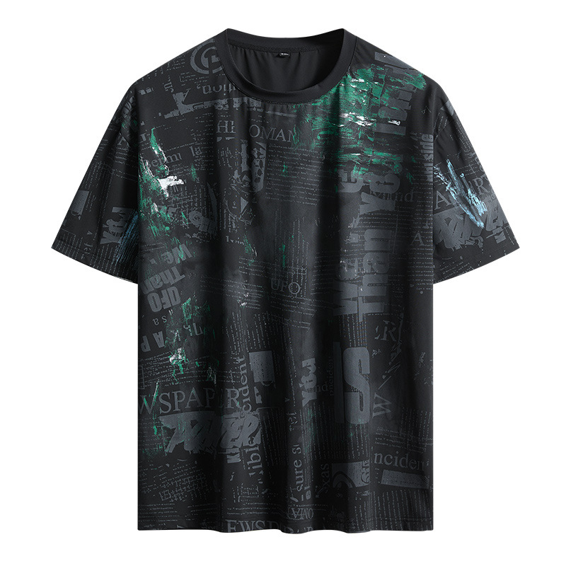 Мъжка oversize къс ръкав тениска от ice-silk, кръгло деколте, камуфлажен геометричен принт, дишаща и бързосъхнеща