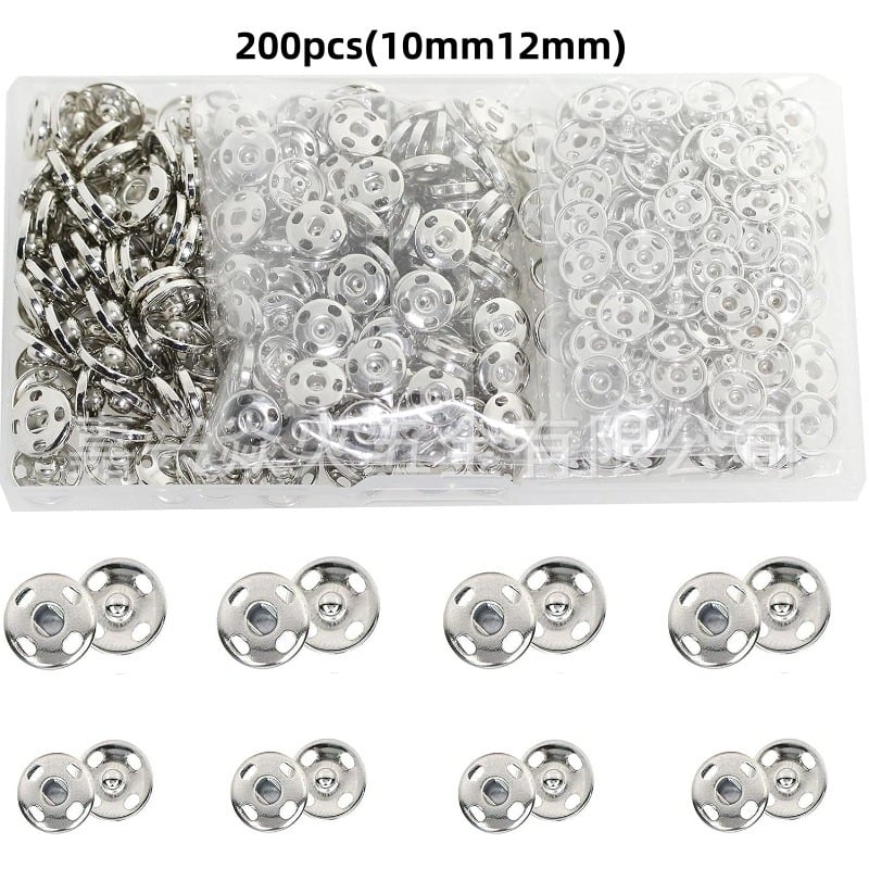 200 бр. скрити метални копчета в кутия, 10 мм и 12 мм, за дрехи, чанти и детски дрехи