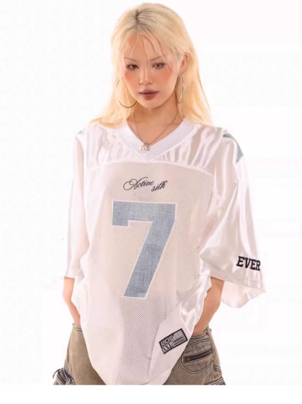 Korejski stil, brend No.7 Jersey majica s kratkim rukavima, ljeto, tanki ice-silk, slobodan kroj, top s spuštenim ramenima