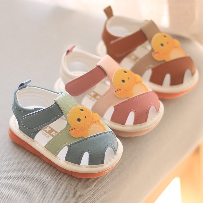 Khaki Cloth Ljetne cipele za bebe i malu djecu 1–3 godine, zatvoren nos, Velcro zatvarač, crtani uzorak, PVC potplat, umjetna koža