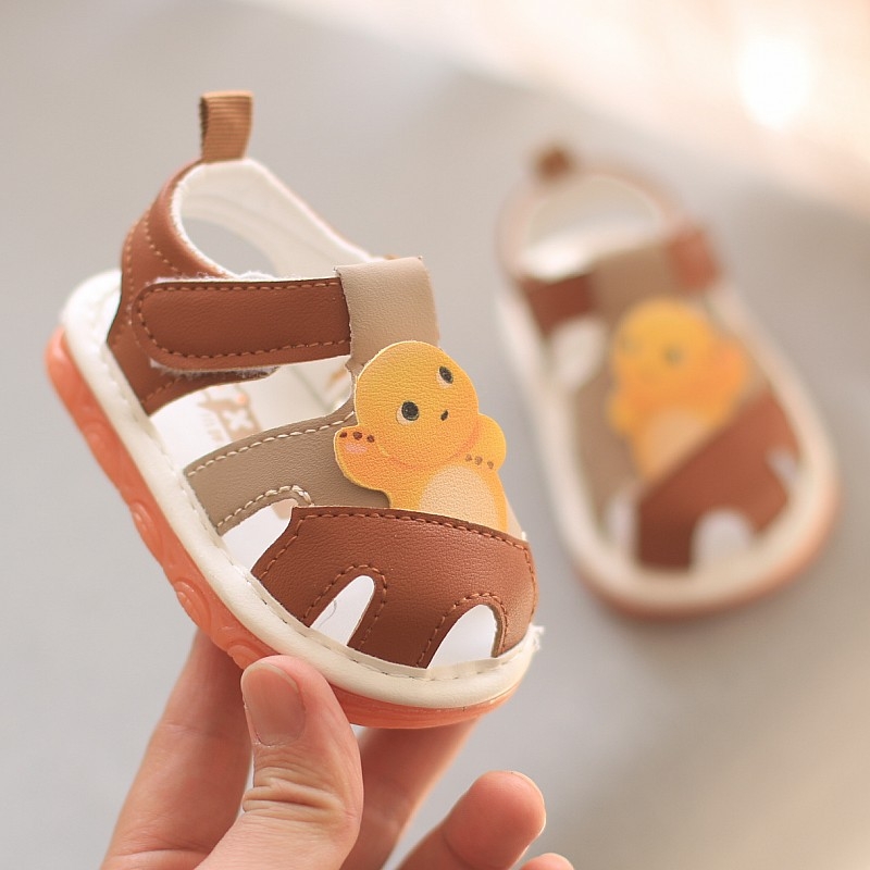 Khaki Cloth Ljetne cipele za bebe i malu djecu 1–3 godine, zatvoren nos, Velcro zatvarač, crtani uzorak, PVC potplat, umjetna koža