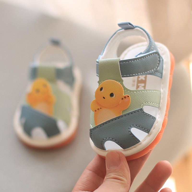 Khaki Cloth Ljetne cipele za bebe i malu djecu 1–3 godine, zatvoren nos, Velcro zatvarač, crtani uzorak, PVC potplat, umjetna koža