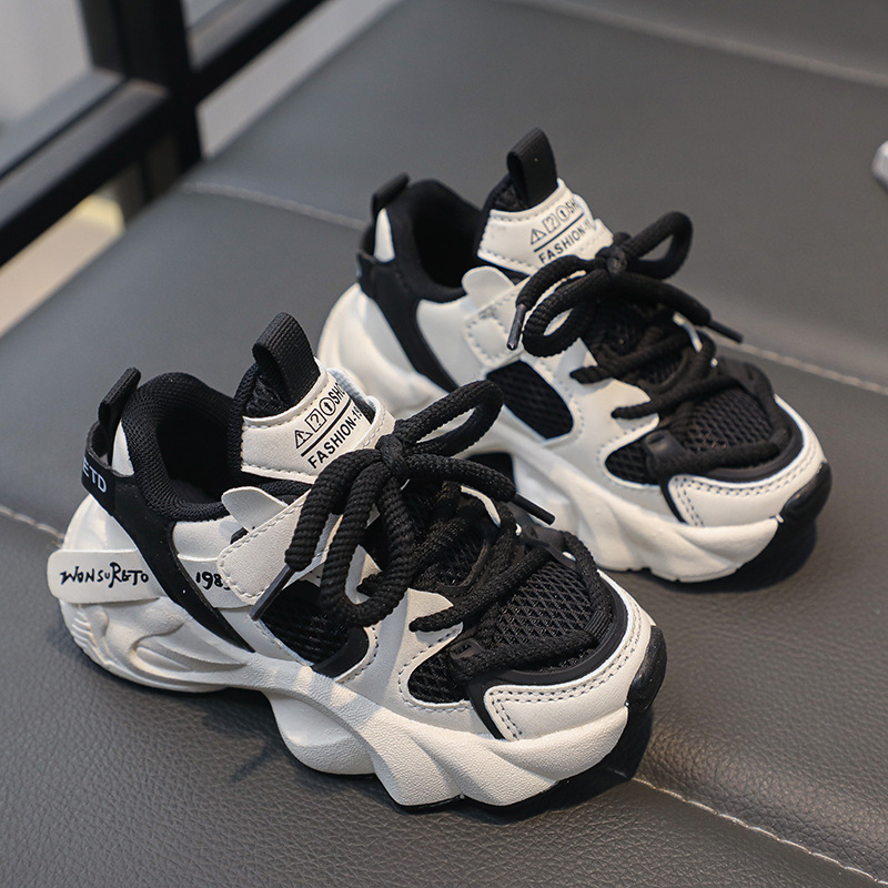 Jarné–Jesenné dýchajúce detské tenisky, sieťovinový horný diel, ľahké, protišmyková gumová podrážka, zapínanie na suchý zips, unisex dad sneakers štýl, pre vek 1–16 rokov