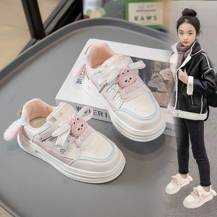 Dievčenské biele tenisky s cartoon vzorom, priedušné a ľahké, s šnúrkami, vhodné do školy