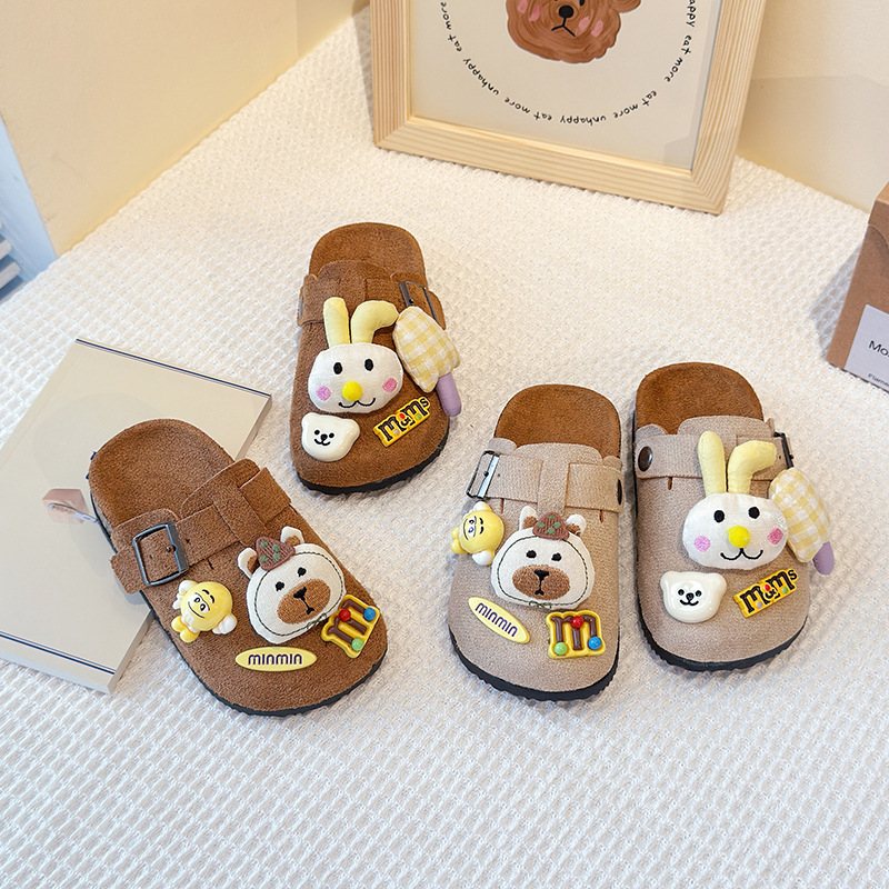Дамски плюшени пантофи с дизайн на сладко меченце, затворен нос, slip-on мюли за пролетта, удобни и антихлъзгващи.