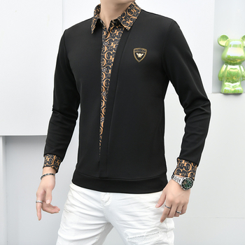 Мъжки есенно-зимна риза-пуловер с яка, дълги ръкави, визуален двоен слой, елегантен стил