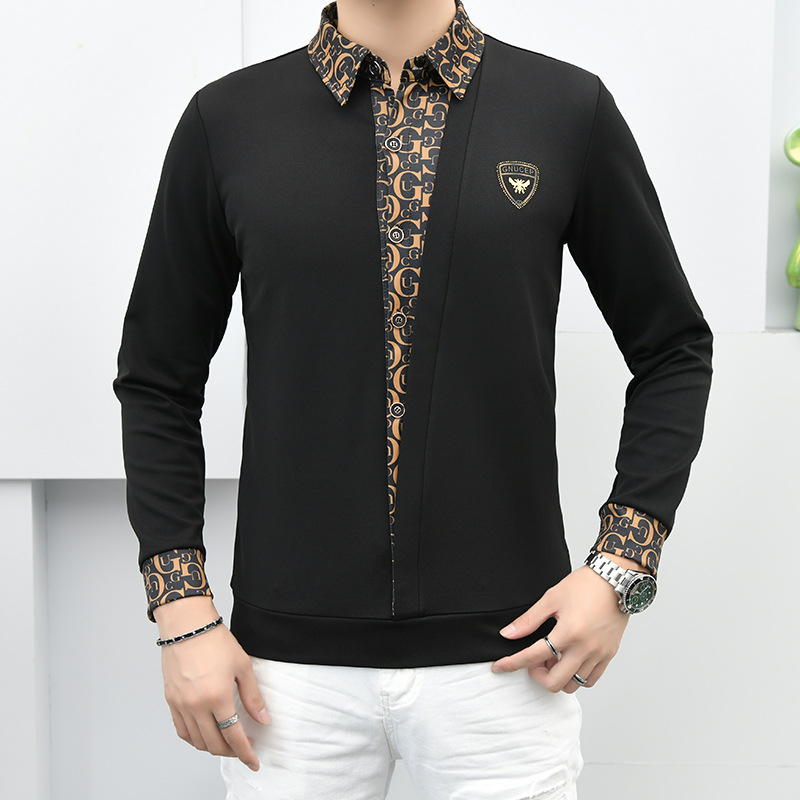 Мъжки есенно-зимна риза-пуловер с яка, дълги ръкави, визуален двоен слой, елегантен стил