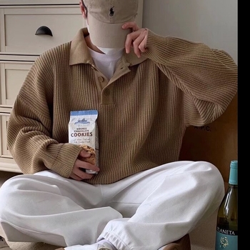 Muški džemper s polo ovratnikom za jesen-zimu, širokog kroja, hongkonški stil, dugi rukavi, jednobojna boja, pleteni džemper-jakna