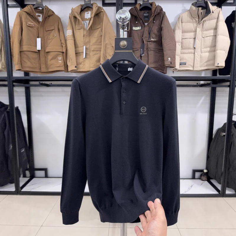 Muški polo s dugim rukavima od pletene tkanine, s ovratnikom, casual-business stil, siva, kod 3Y115A