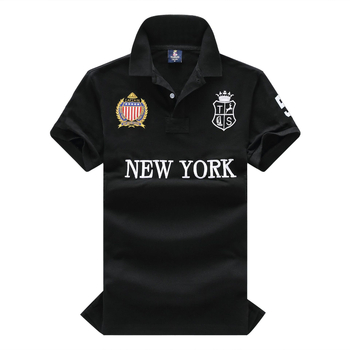 Нов мъжки памучен поло с бродерия, къс ръкав, casual спортен стил, черно, свободна кройка, плюс размер