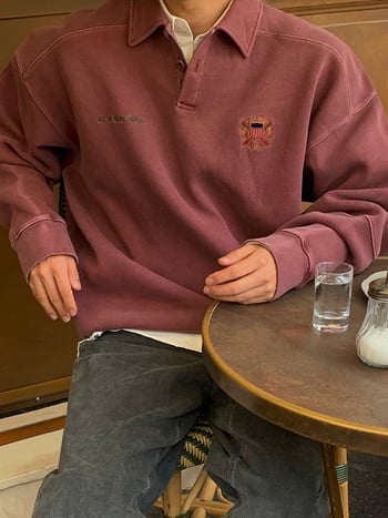 MYQ дизайнерски суитшърт с яка, свободна пролетна кройка за мъже, бродерия, дълги ръкави, корейски стил