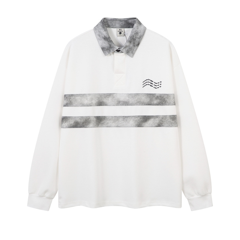 Мъжки поло стил суитшърт с бродерия и панелна вложка, дълги ръкави, свободна кройка, вдъхновен от работно облекло