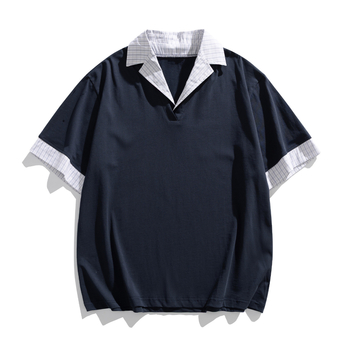 Yidao Vintage 2026 Ljetna muška polo majica u američkom retro stilu, izgled dvaju komada, karirani patchwork, preklopljeni ovratnik, kratki rukavi