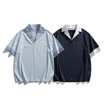 Yidao Vintage 2026 Ljetna muška polo majica u američkom retro stilu, izgled dvaju komada, karirani patchwork, preklopljeni ovratnik, kratki rukavi