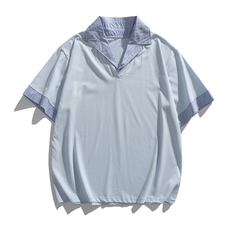 Yidao Vintage 2026 Ljetna muška polo majica u američkom retro stilu, izgled dvaju komada, karirani patchwork, preklopljeni ovratnik, kratki rukavi