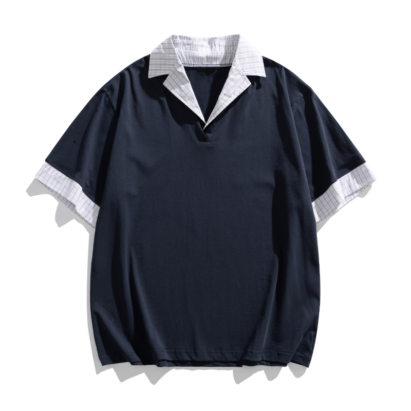 Yidao Vintage 2026 Ljetna muška polo majica u američkom retro stilu, izgled dvaju komada, karirani patchwork, preklopljeni ovratnik, kratki rukavi