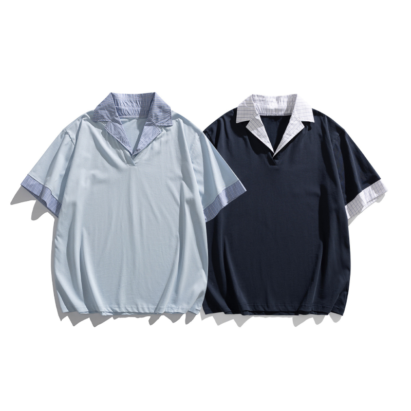 Yidao Vintage 2026 Ljetna muška polo majica u američkom retro stilu, izgled dvaju komada, karirani patchwork, preklopljeni ovratnik, kratki rukavi
