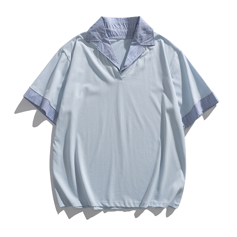 Yidao Vintage 2026 Ljetna muška polo majica u američkom retro stilu, izgled dvaju komada, karirani patchwork, preklopljeni ovratnik, kratki rukavi