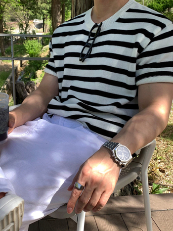 MYQ Muška pletena majica s prugama u japanskom stilu, kratki rukav, ležerna ljetna silueta s okruglim izrezom, korejskog inspiriran casual stil