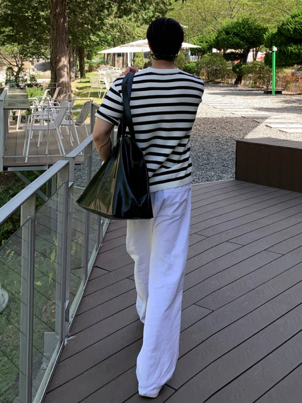 MYQ Muška pletena majica s prugama u japanskom stilu, kratki rukav, ležerna ljetna silueta s okruglim izrezom, korejskog inspiriran casual stil