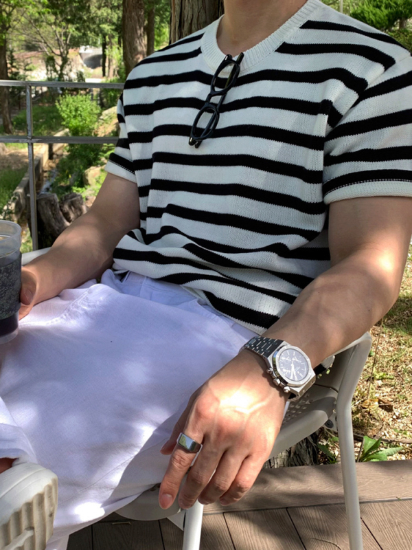 MYQ Muška pletena majica s prugama u japanskom stilu, kratki rukav, ležerna ljetna silueta s okruglim izrezom, korejskog inspiriran casual stil